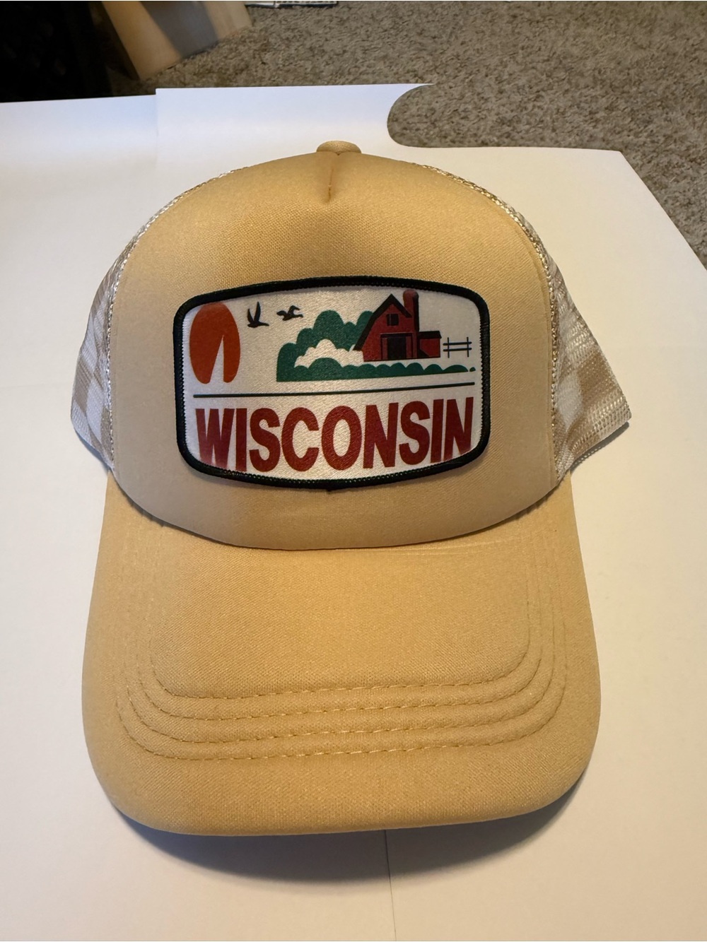 Wisconsin Patch Trucker Hat in Tan and White